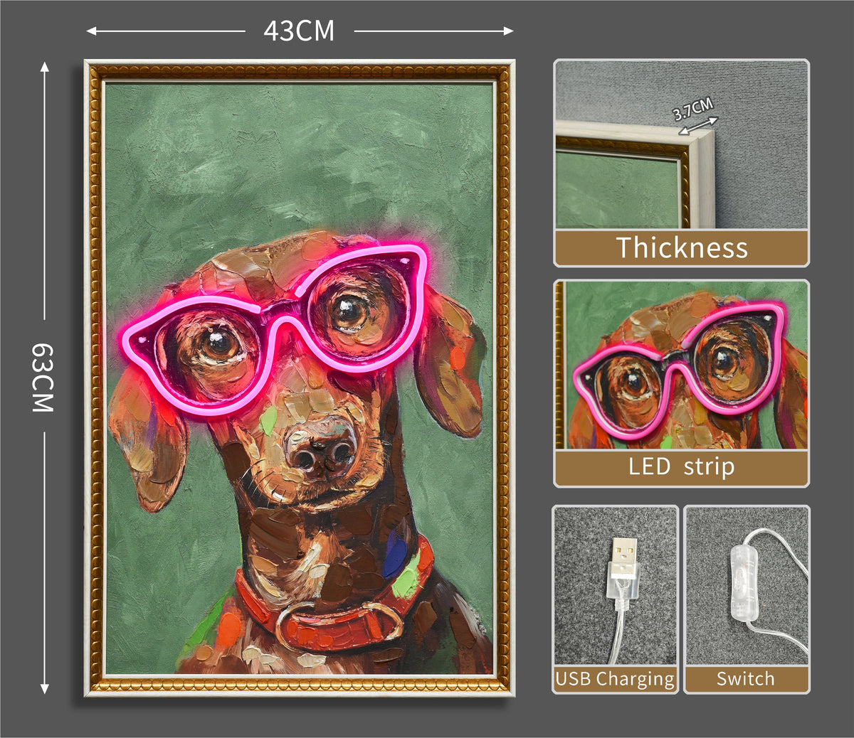 Neon Glasses Dog LED paveikslas – nuotrauka 8