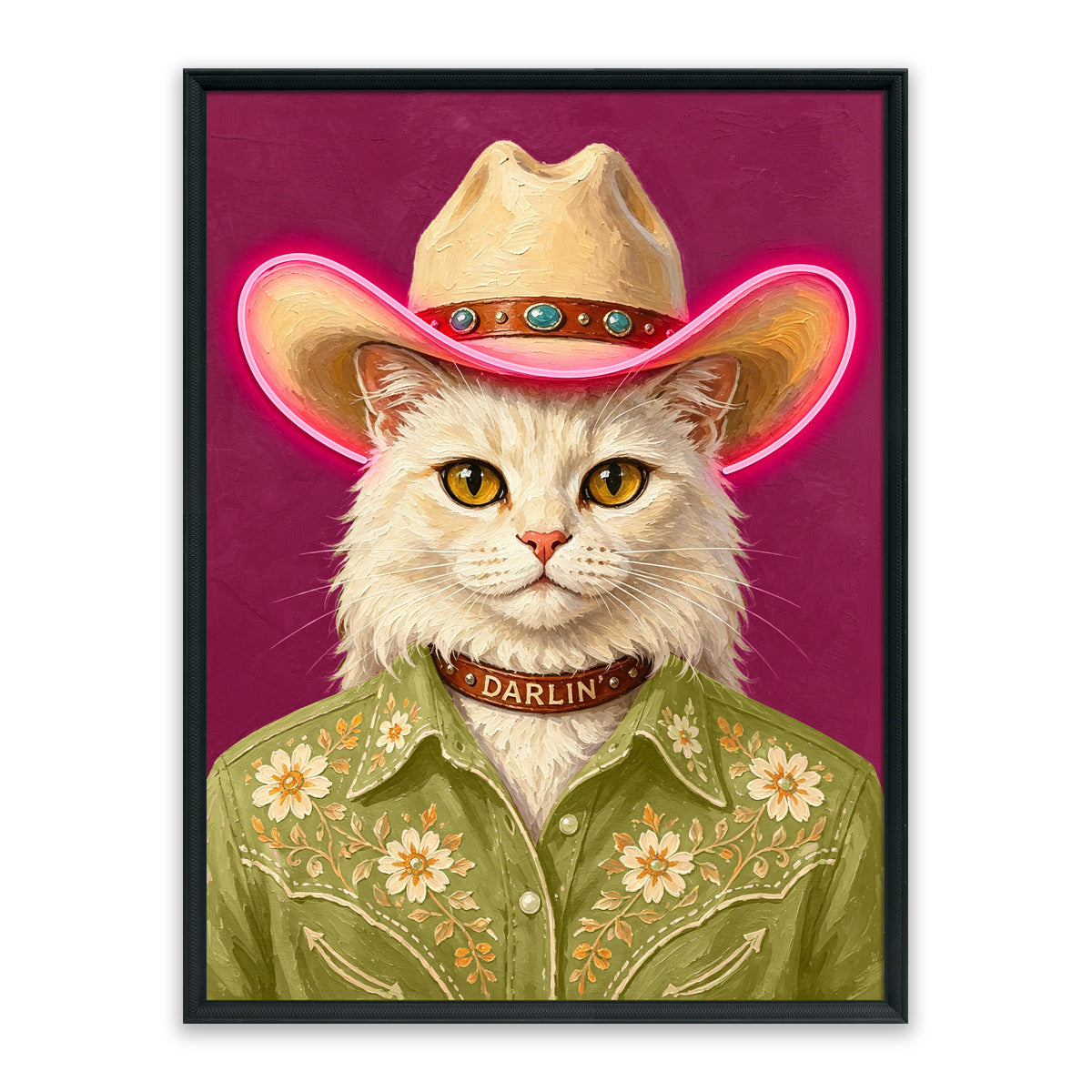 Darlin’ Cowgirl Cat – LED paveikslas, balta katė kaubojė