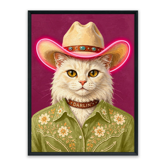 Darlin’ Cowgirl Cat – LED paveikslas, balta katė kaubojė