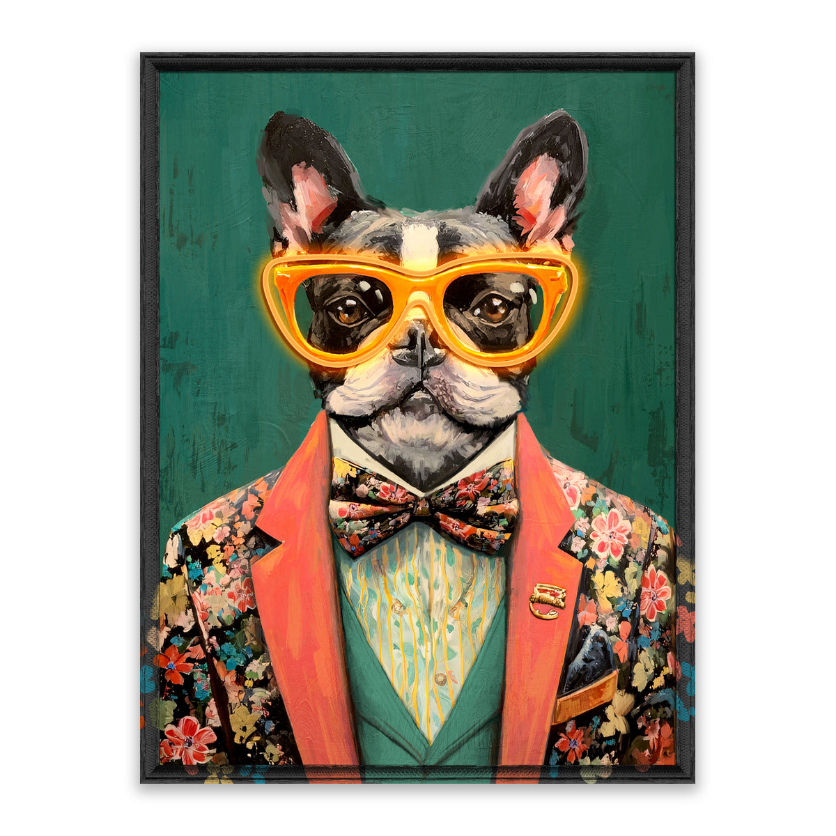 Gentleman Bulldog – LED paveikslas, buldogas su gėlėtu kostiumu