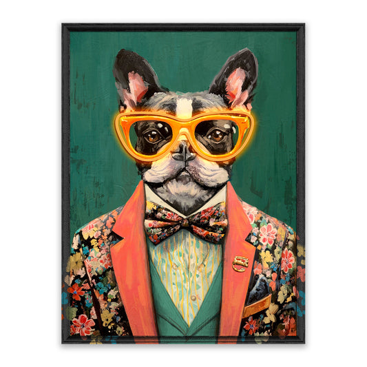 Gentleman Bulldog – LED paveikslas, buldogas su gėlėtu kostiumu