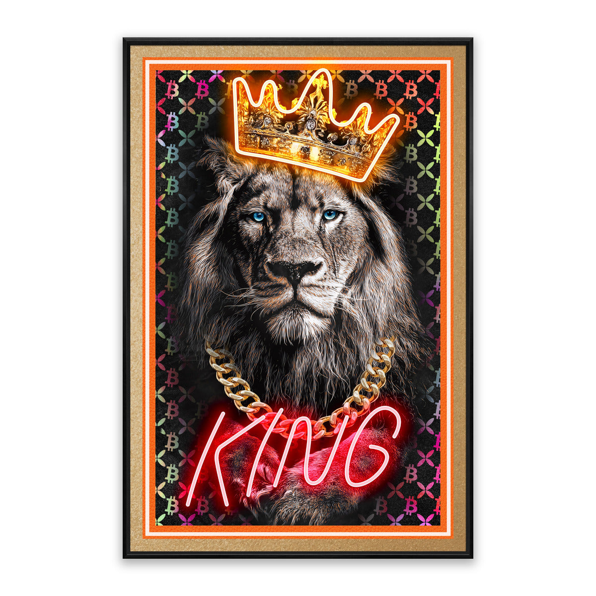 King Lion – LED paveikslas, liūtas su karūna ir Bitcoin