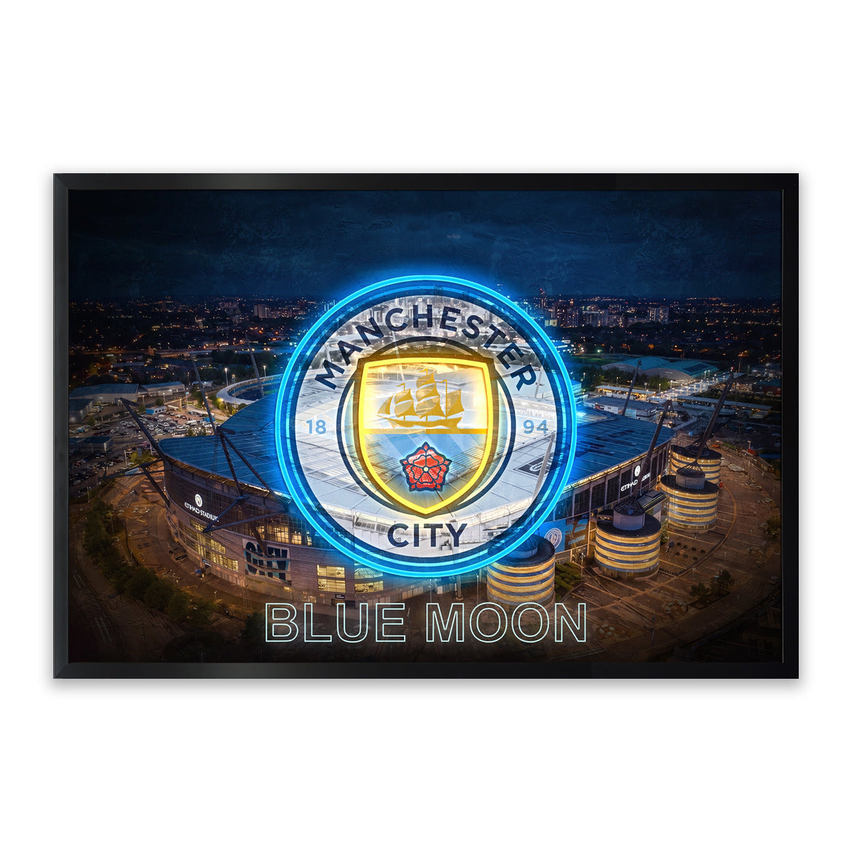 Manchester City – LED paveikslas, Etihad stadionas ir klubo ženklas