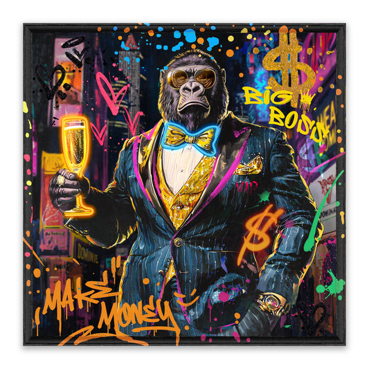 Money Boss Gorilla – LED paveikslas, gorila su kostiumu