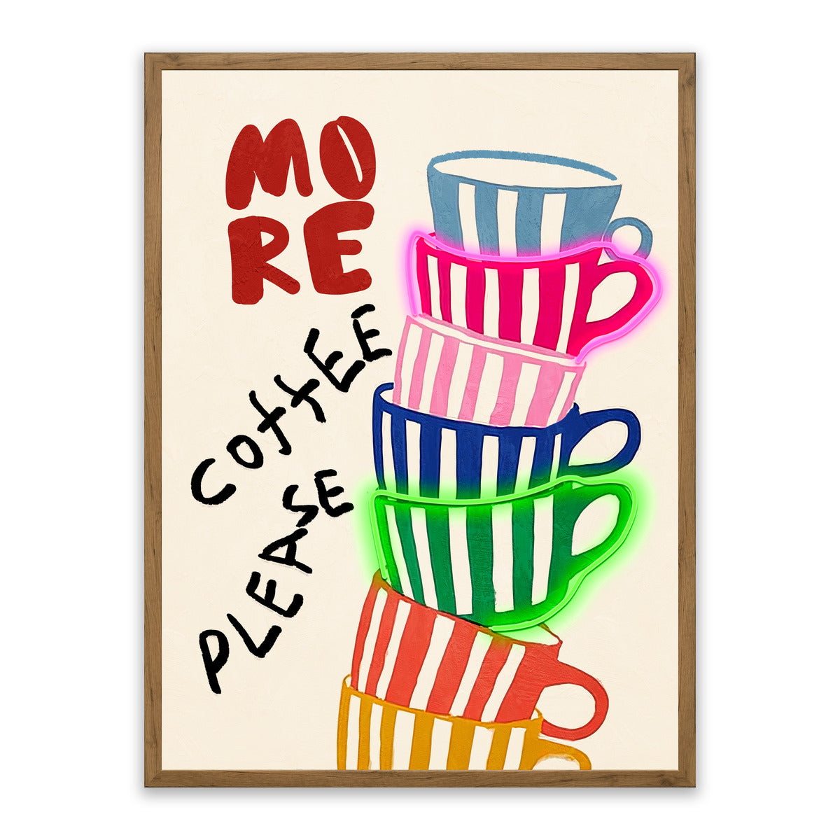 More Coffee Please – LED paveikslas, kavos puodelių bokštas