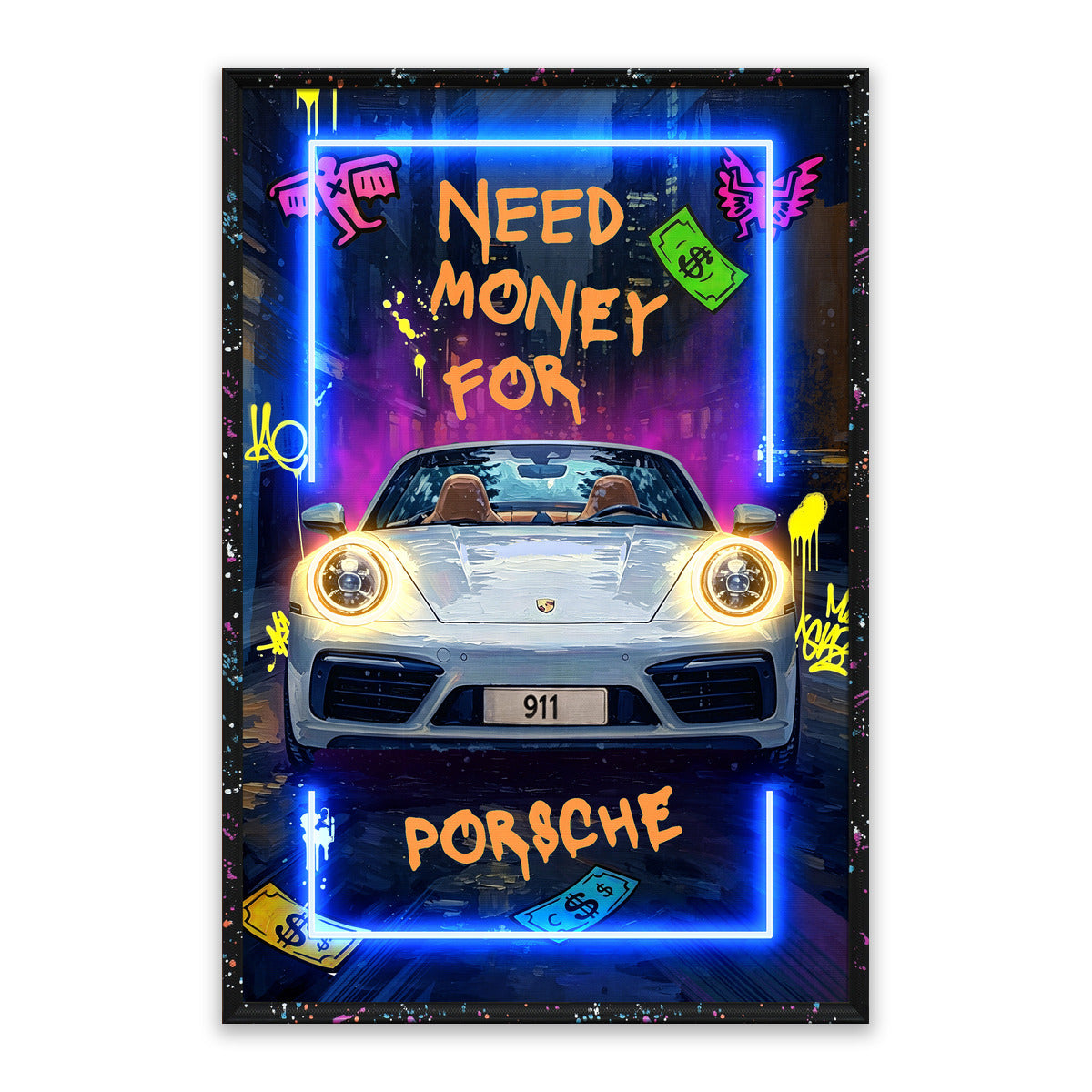 Need Money for Porsche – LED paveikslas, baltas 911 kabrioletas
