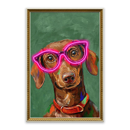 Neon Glasses Dog – LED paveikslas, šuo su rožiniais akiniais