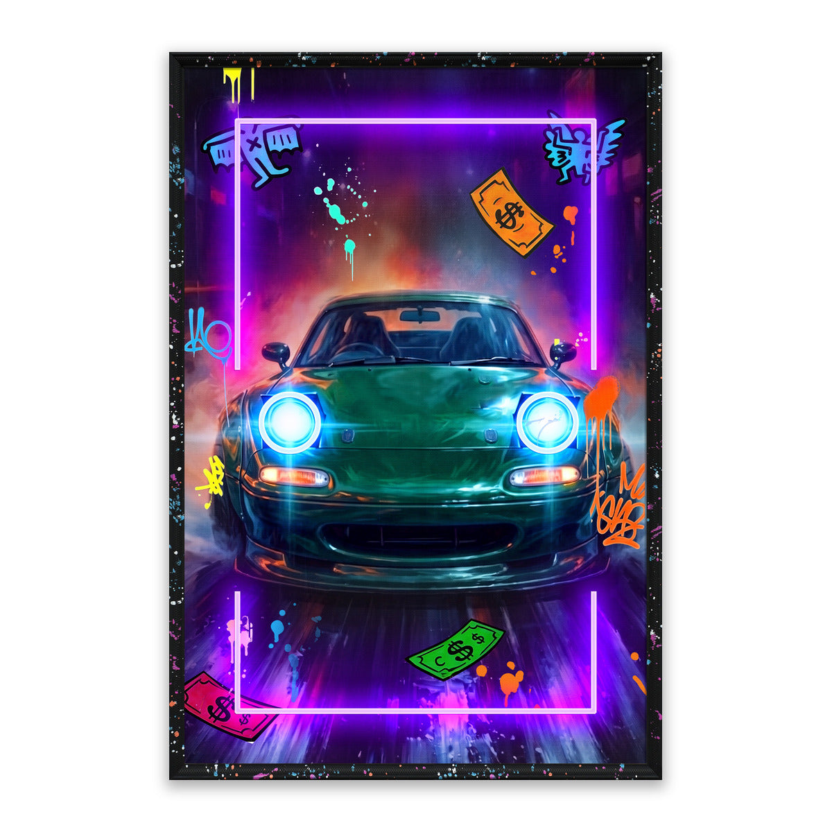 Neon Street Roadster – LED paveikslas, žalias japoniškas kabrioletas