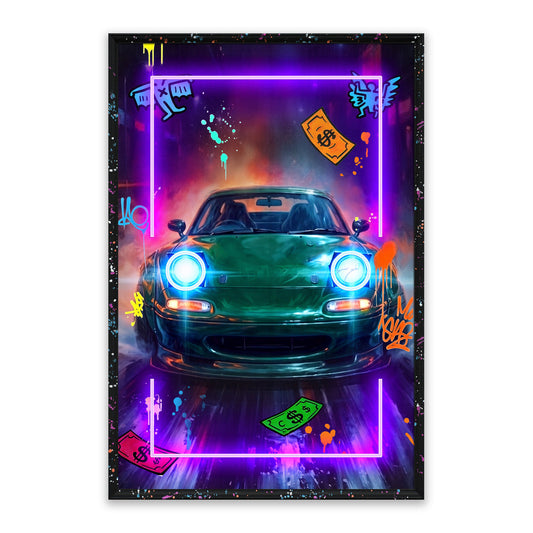 Neon Street Roadster – LED paveikslas, žalias japoniškas kabrioletas