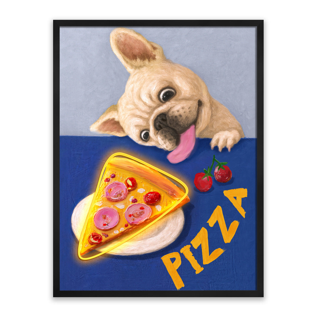 Pizza Please – LED paveikslas, prancūzų buldogas ir pica