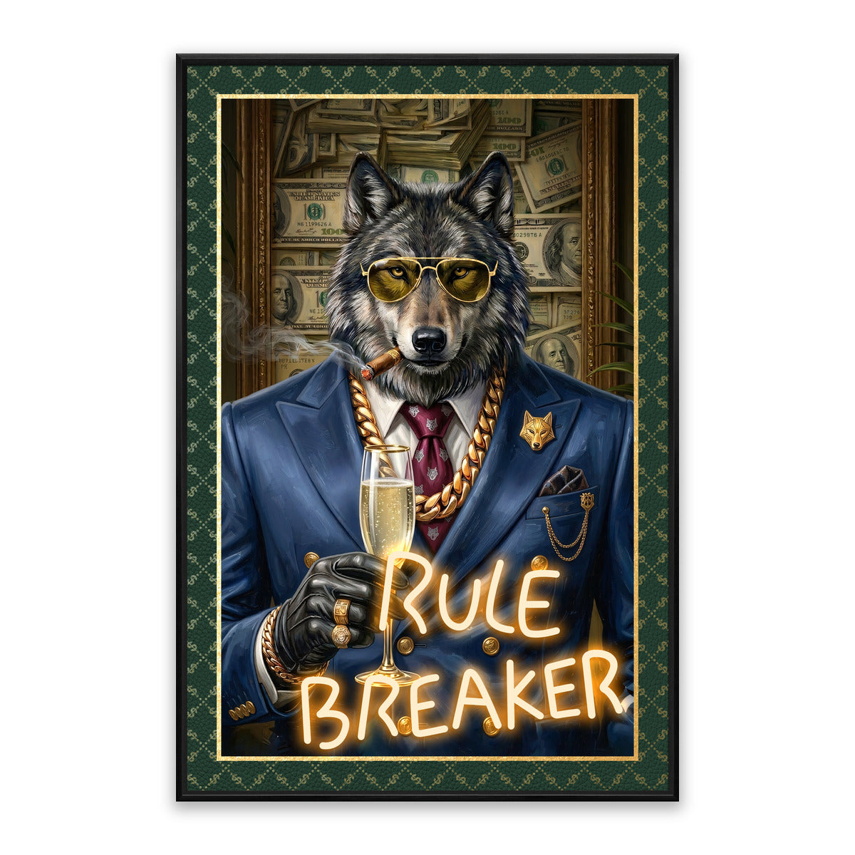 Rule Breaker – LED paveikslas, vilkas su cigaru