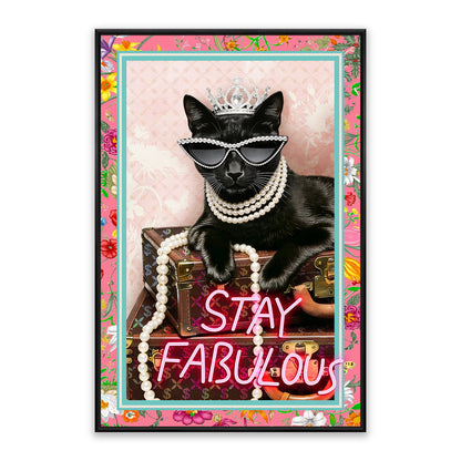 Stay Fabulous – LED paveikslas, juoda katė su karūna