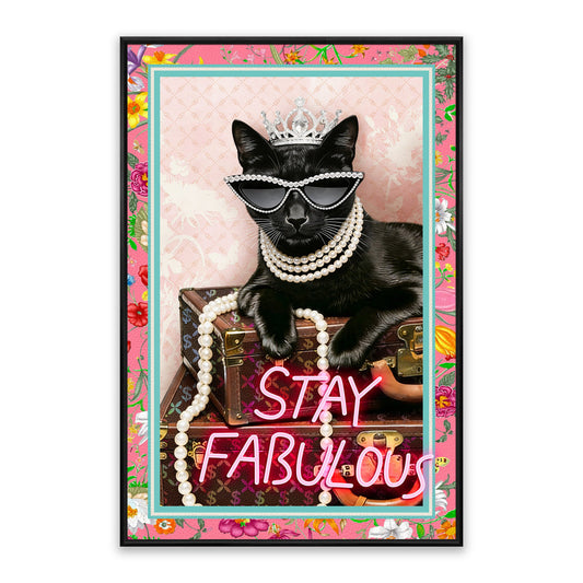 Stay Fabulous – LED paveikslas, juoda katė su karūna