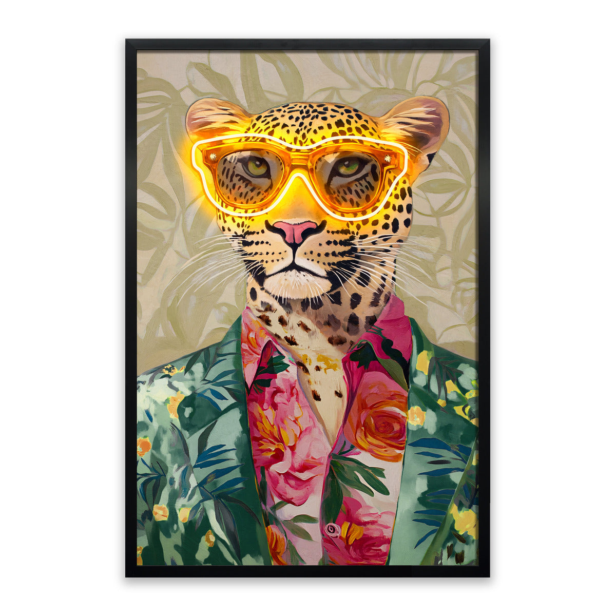 Tropical Vibes Leopard – LED paveikslas, leopardas tropiniu švarku